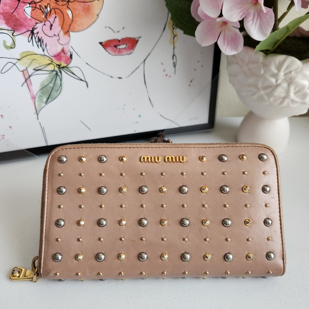MIU MIU Studded Leather Zip Around Long Wallet